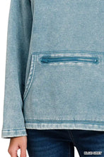 Blue grey zenana fleece washed high neck kangaroo pocket sweatshirt with zipper pocket and subtle texture