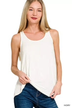 Ivory zenana sleeveless tank top with flowy hem rayon fabric and relaxed fit featuring an asymmetrical hemline
