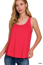 A vibrant red zenana flowy hem rayon sleeveless tank top with rounded neckline and lightweight fabric