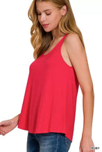 A vibrant red zenana flowy hem rayon sleeveless tank top with a scoop neckline and flared hem detail