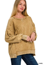 Camel-colored oversized zenana french terry acid wash pullover with ribbed cuffs and hem for casual wear