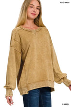 Camel acid wash oversized sweater in french terry fabric with ribbed cuffs and hem from zenana french terry acid collection