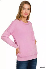 Soft mauve zenana french terry pullover with raw edge front pocket and ribbed cuffs in cotton french terry fabric