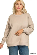 Ash mocha full size fleece hi-low boyfriend sweatshirt with ribbed cuffs and hem ideal for layering with ankle boots