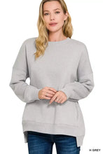 Zenana full size fleece hi-low boyfriend sweatshirt in soft heather gray with ribbed cuffs and pockets plus size
