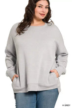 Zenana full size fleece hi-low boyfriend sweatshirt in soft heather gray with relaxed fit ribbed cuffs and pockets plus size