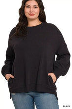 Black Zenana full size fleece hi-low boyfriend sweatshirt with front pockets and relaxed fit plus size best fit tips