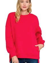 Bright red zenana plus size fleece boyfriend sweatshirt with relaxed fit and side pockets ideal for casual pairing advice