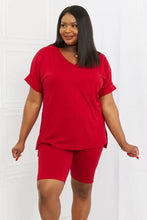 Zenana full size quiet moments brushed lounge set in burgundy featuring a red relaxed v-neck top and matching biker shorts