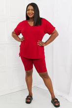 Zenana full size quiet moments brushed lounge set in burgundy featuring red v-neck top and matching biker shorts