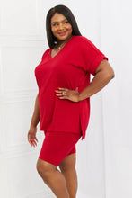 Zenana full size quiet moments brushed lounge set in burgundy features a loose top and matching biker shorts