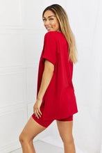 Red oversized short-sleeved top paired with matching red biker shorts in the Zenana full size quiet moments lounge set