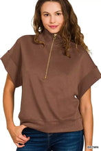 Brown scuba high neck half zip sweatshirt with short loose sleeves and ribbed hem plus size by zenana