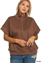 Brown scuba high neck half zip sweatshirt with short flutter sleeves and ribbed cuffs from zenana plus size collection