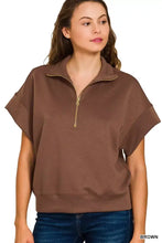 Brown scuba high neck half zip sweatshirt with short flutter sleeves and ribbed cuffs for plus size by Zenana