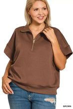 Brown scuba high neck half zip top with short loose sleeves and ribbed hem from zenana plus size collection