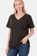 Zenana full size v-neck short sleeve t-shirt in black with blue jeans