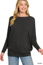 Black Zenana hacci dolman sleeve top with relaxed draped fit and off-the-shoulder dolman sleeve boat neck design