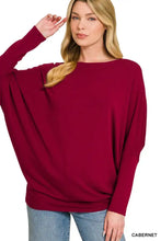 Zenana hacci maroon long-sleeved top with relaxed fit and boat neck featuring dolman wide sleeves
