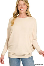 Sand beige zenana hacci dolman sleeve boat neck top with relaxed draped fit and soft fabric