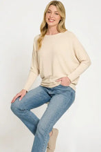Beige zenana hacci dolman sleeve boat neck top with long sleeves and relaxed draped fit in soft fabric