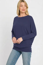 Navy blue zenana hacci dolman long-sleeved top with relaxed fit and boat neck for casual wear