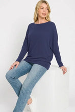 Navy blue zenana hacci dolman sleeve boat neck top with relaxed fit and long sleeves in a draped design