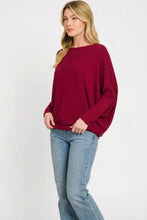 Zenana hacci maroon long-sleeved top with relaxed fit boat neck and wide dolman sleeves