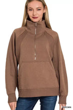 Brown zenana half zip fleece sweatshirt with ribbed cuffs hem collar and kangaroo pocket perfect fit design