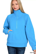 Zenana deep sky blue half zip fleece sweatshirt with kangaroo pocket ribbed cuffs and hem for casual wear