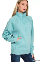 Zenana dusty teal fleece sweatshirt with half zip, ribbed shoulder and cuff detailing, and kangaroo pocket