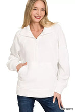White off-white zenana half zip fleece sweatshirt with ribbed collar cuffs and kangaroo pocket design