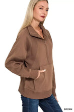 Brown zenana half zip fleece sweatshirt with ribbed texture and kangaroo pocket for a perfect fit