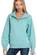 Zenana dusty teal fleece sweatshirt with half zip kangaroo pocket ribbed cuffs hem and textured side panels