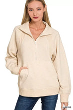 Beige zenana half zip fleece sweatshirt with kangaroo pocket ribbed cuffs and textured sleeve panels