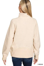 Beige zenana half zip fleece sweatshirt with kangaroo pocket featuring a high neck and ribbed cuffs and hem