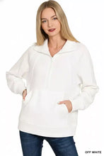 Off-white zenana half zip fleece sweatshirt with soft cozy fabric and relaxed fit featuring a kangaroo pocket