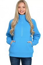 Bright blue Zenana fleece sweatshirt with half zip, kangaroo pocket, ribbed cuffs, and hem for casual wear