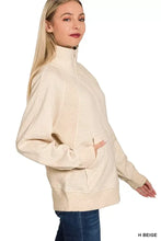 Beige zenana half zip fleece sweatshirt with ribbed texture panels and kangaroo pocket for casual wear