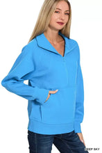 Zenana half zip fleece sweatshirt in vibrant deep sky blue with ribbed collar cuffs hem and kangaroo pocket