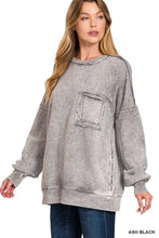 Zenana Halo washed French Terry oversized ash black sweatshirt with distressed gray wash and square patch pocket
