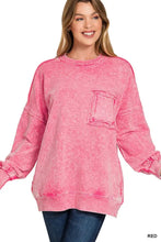 Pink zenana halo washed french terry sweatshirt with vintage wash, front pocket, and ruffled cuffs