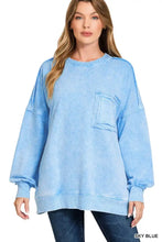 Sky blue zenana halo washed french terry oversized sweatshirt with vintage wash and distressed pocket detail