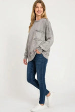 Gray oversized Zenana Halo washed French terry sweatshirt with distressed pocket and exposed seam detailing