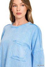 Sky blue oversized Zenana Halo sweatshirt with distressed pocket ribbed neckline vintage wash French terry fabric