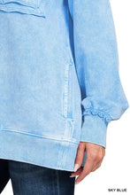Sky blue denim jacket with ruffled cuffs and relaxed oversized fit in vintage wash complementing zenana halo sweatshirt