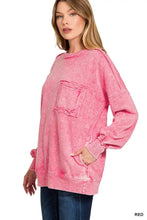 Pink oversized zenana halo washed french terry sweatshirt with vintage wash and a square patch pocket on the front