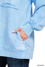 Sky blue zenana halo vintage wash denim-style sweatshirt with ruffled cuffs and front pocket in french terry fabric