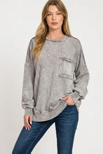 Gray distressed long-sleeve Zenana Halo washed French terry sweatshirt with front patch pocket and exposed seams