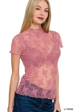 Zenana Lace Mock Neck Pink Floral Top with Layering Short Sleeve LT ROSE
